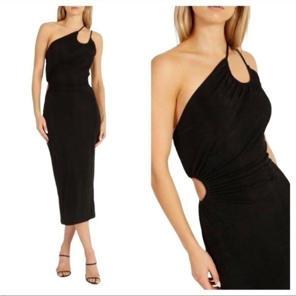 MISHA Black Vanina One-Shoulder Midi Dress